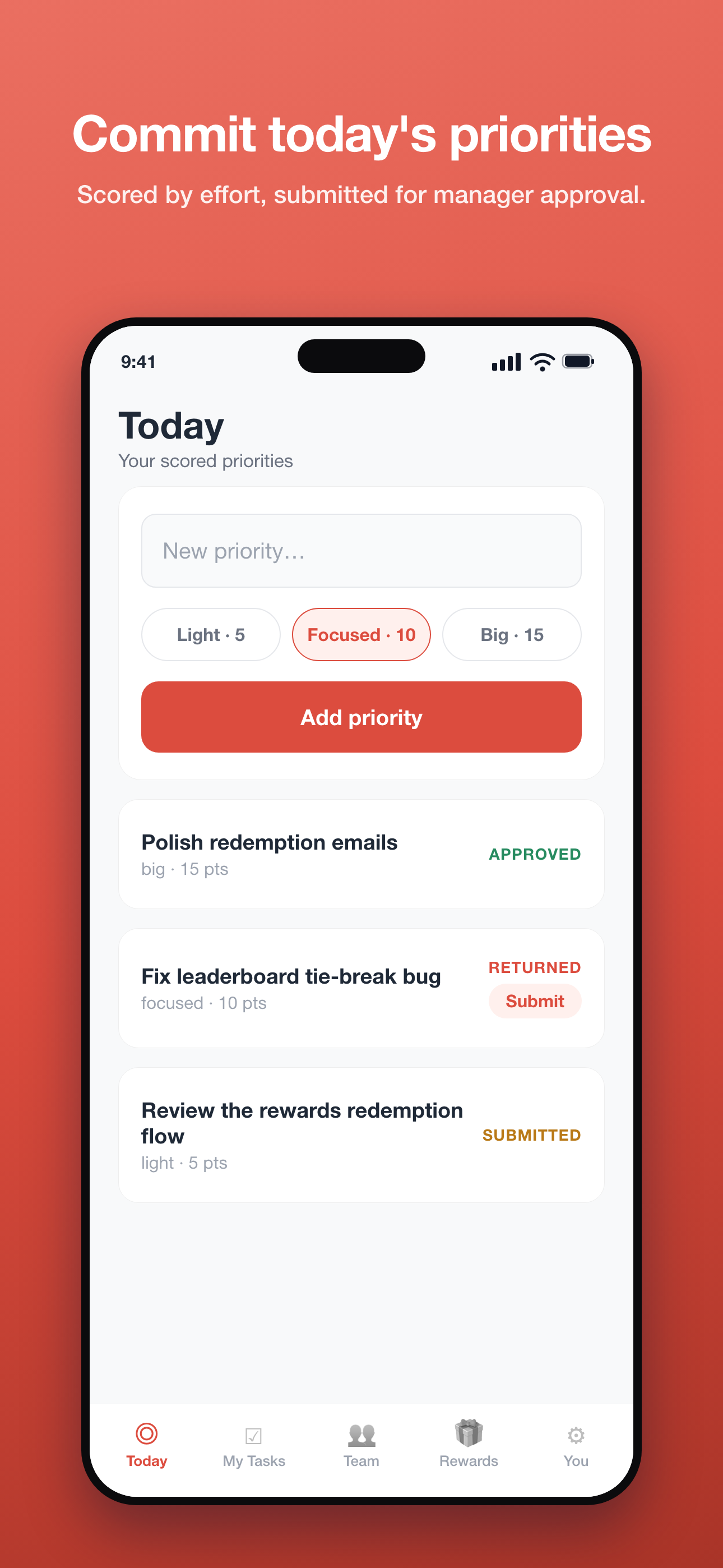 Phone — Today: add a scored priority and track each one from submitted to approved or returned