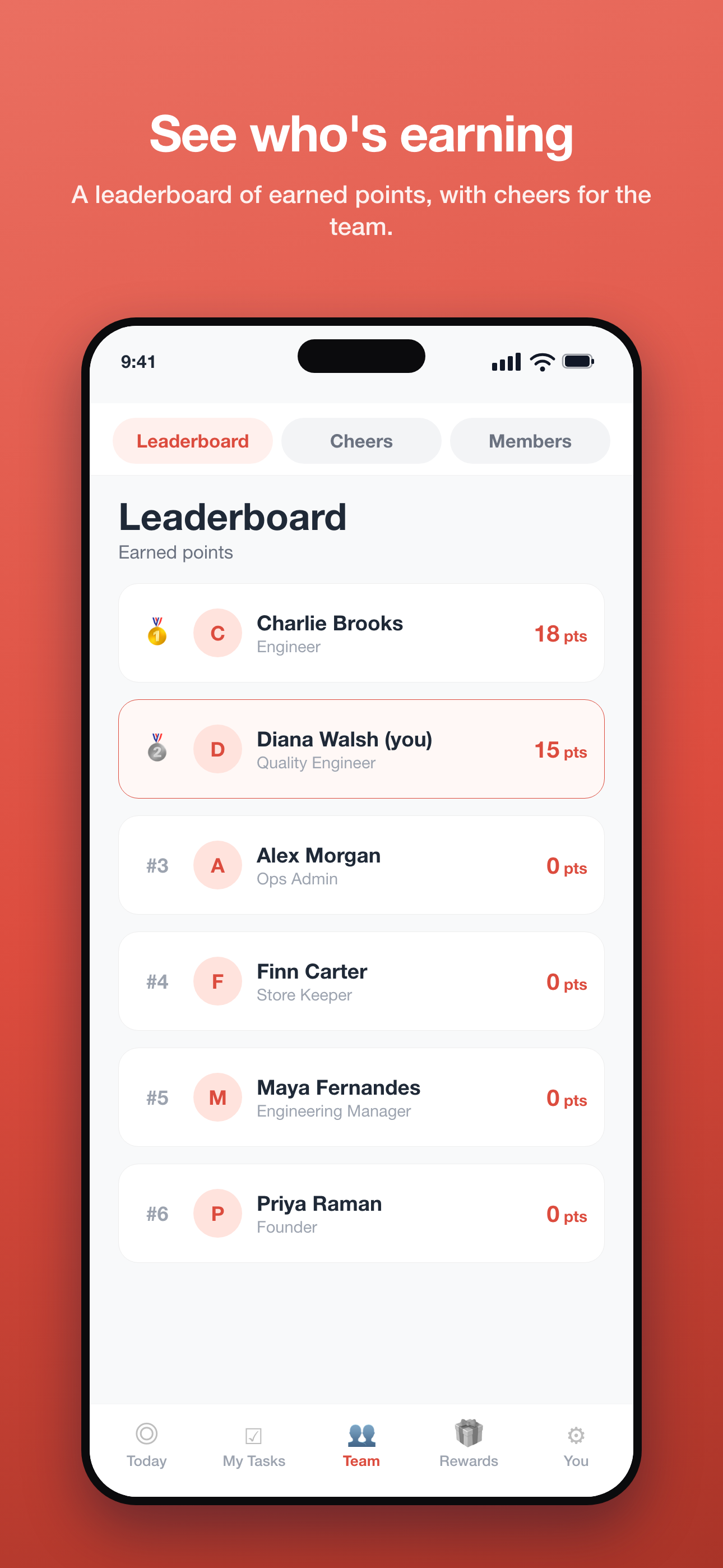 Phone — Team leaderboard: members ranked by earned points