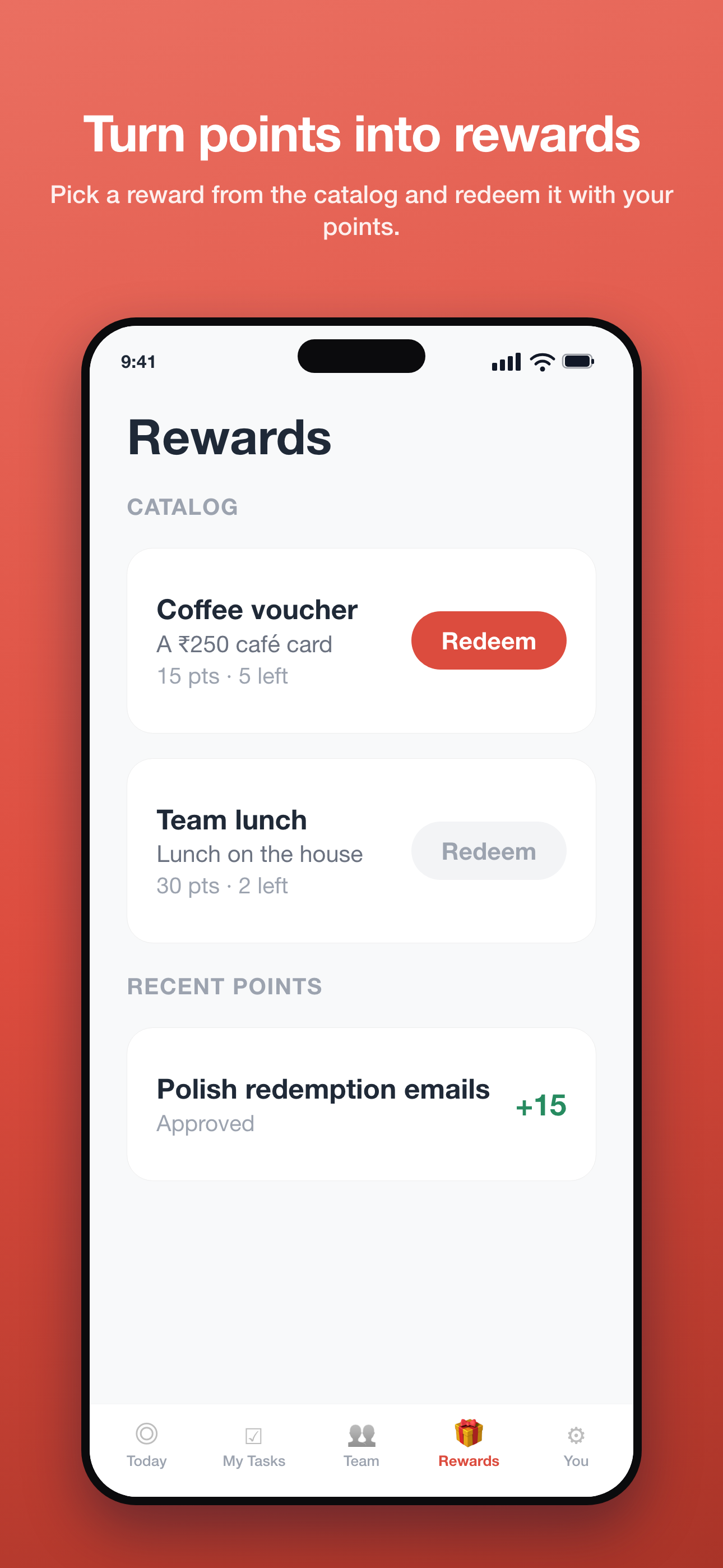 Phone — Rewards: the reward catalog with a Redeem button on each reward
