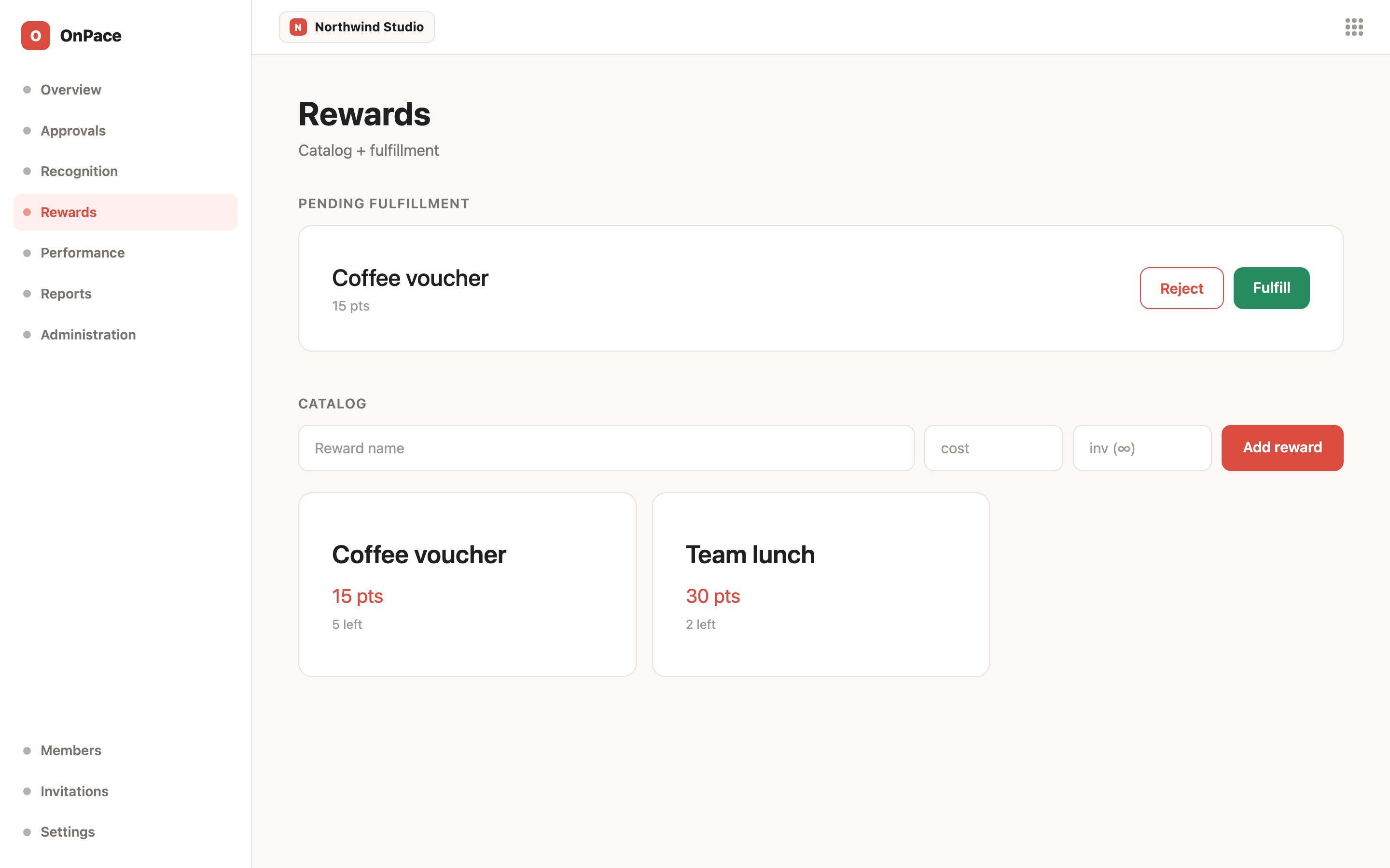 Rewards — the fulfillment queue with Reject and Fulfill, and the rewards catalog